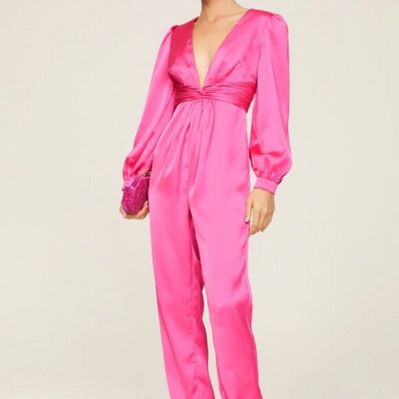 Mac Duggal Pink Plunge Neck Long Sleeve Satin Jumpsuit